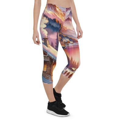 Aquarell eines Alpenpanoramas mit Wanderern bei Sonnenuntergang in Rosa und Gold - Capri Leggings (All-Over Print) wandern xxx yyy zzz