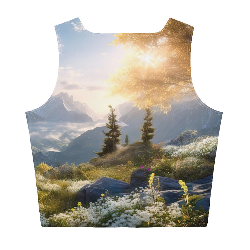 Berglandschaft mit Sonnenschein, Blumen und Bäumen - Malerei - Damen Crop Top (All-Over Print) berge xxx XL