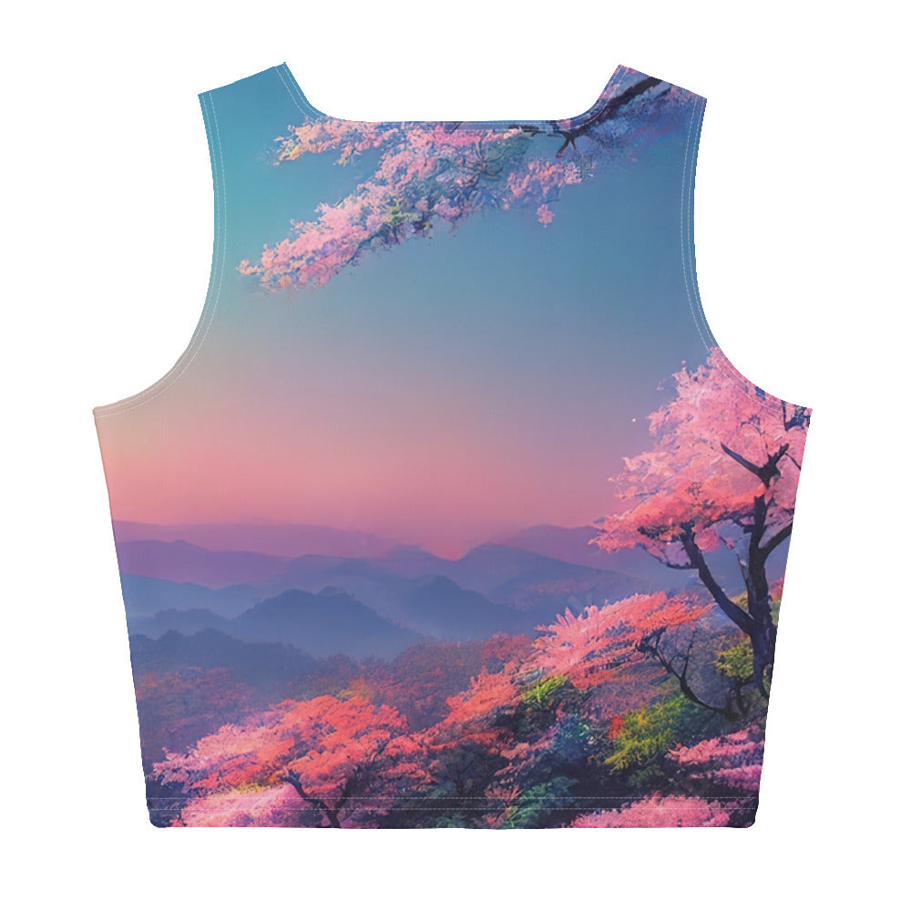 Berg und Wald mit pinken Bäumen - Landschaftsmalerei - Damen Crop Top (All-Over Print) berge xxx XL