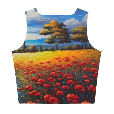 Feld mit roten Blumen und Berglandschaft - Landschaftsmalerei - Damen Crop Top (All-Over Print) berge xxx XL