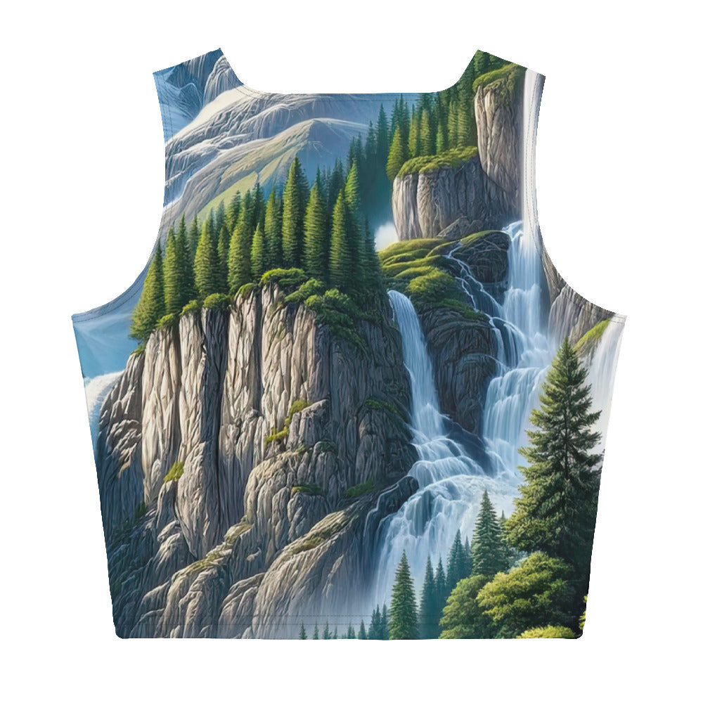 Illustration einer unberührten Alpenkulisse im Hochsommer. Wasserfall und See - Damen Crop Top (All-Over Print) berge xxx yyy zzz XL