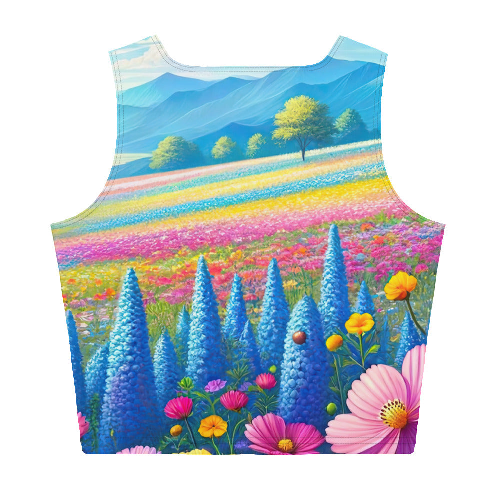 Weitläufiges Blumenfeld unter himmelblauem Himmel, leuchtende Flora - Damen Crop Top (All-Over Print) camping xxx yyy zzz XL