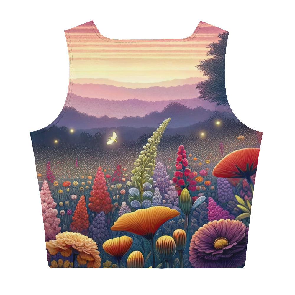 Skurriles Blumenfeld in Dämmerung, farbenfrohe Rosen, Lilien, Ringelblumen - Damen Crop Top (All-Over Print) camping xxx yyy zzz XL