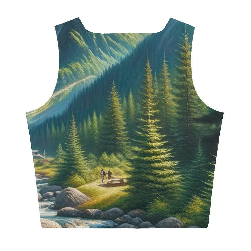 Ölgemälde der Alpensommerlandschaft mit Zelt, Gipfeln, Wäldern und Bächen - Damen Crop Top (All-Over Print) camping xxx yyy zzz XL