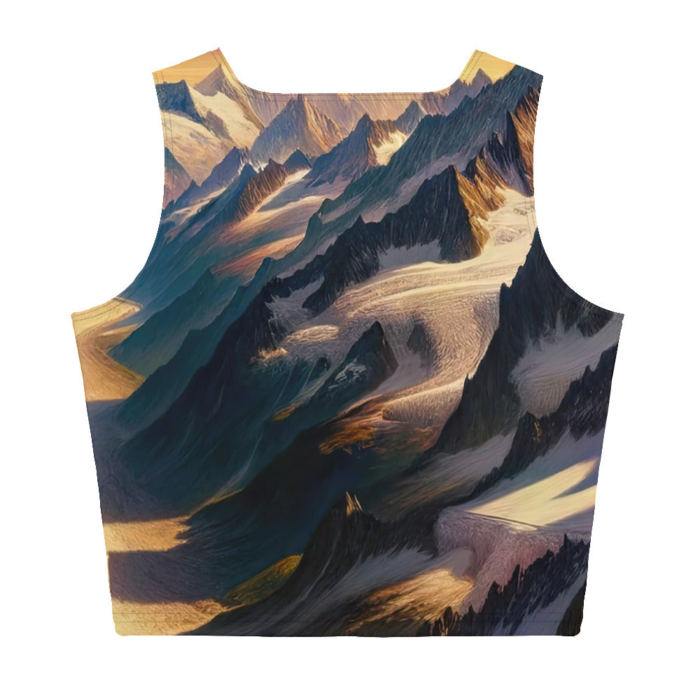 Ölgemälde eines Wanderers auf einem Hügel mit Panoramablick auf schneebedeckte Alpen und goldenen Himmel - Damen Crop Top (All-Over Print) wandern xxx yyy zzz XL