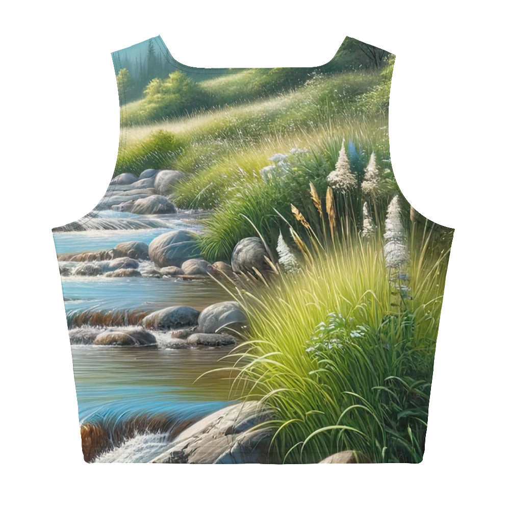 Sanfter Gebirgsbach in Ölgemälde, klares Wasser über glatten Felsen - Damen Crop Top (All-Over Print) berge xxx yyy zzz XL