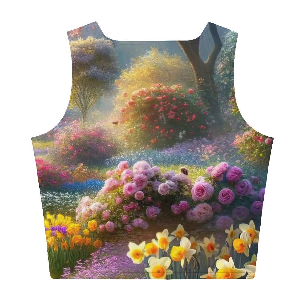 Foto einer Gartenszene im Frühling mit Weg durch blühende Rosen und Veilchen - Damen Crop Top (All-Over Print) camping xxx yyy zzz XL