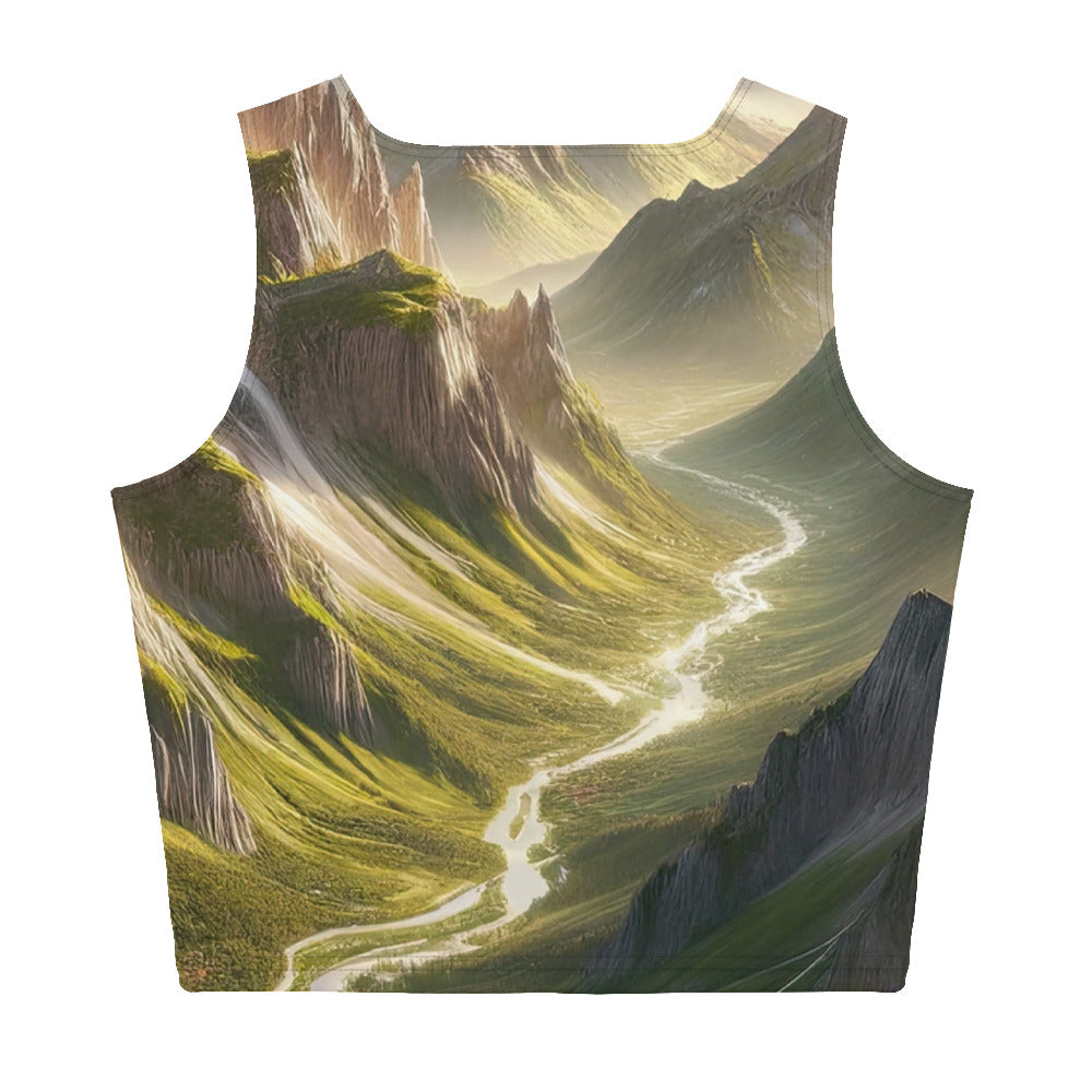 Fotorealistisches Bild der Alpen mit österreichischer Flagge, scharfen Gipfeln und grünen Tälern - Damen Crop Top (All-Over Print) berge xxx yyy zzz XL