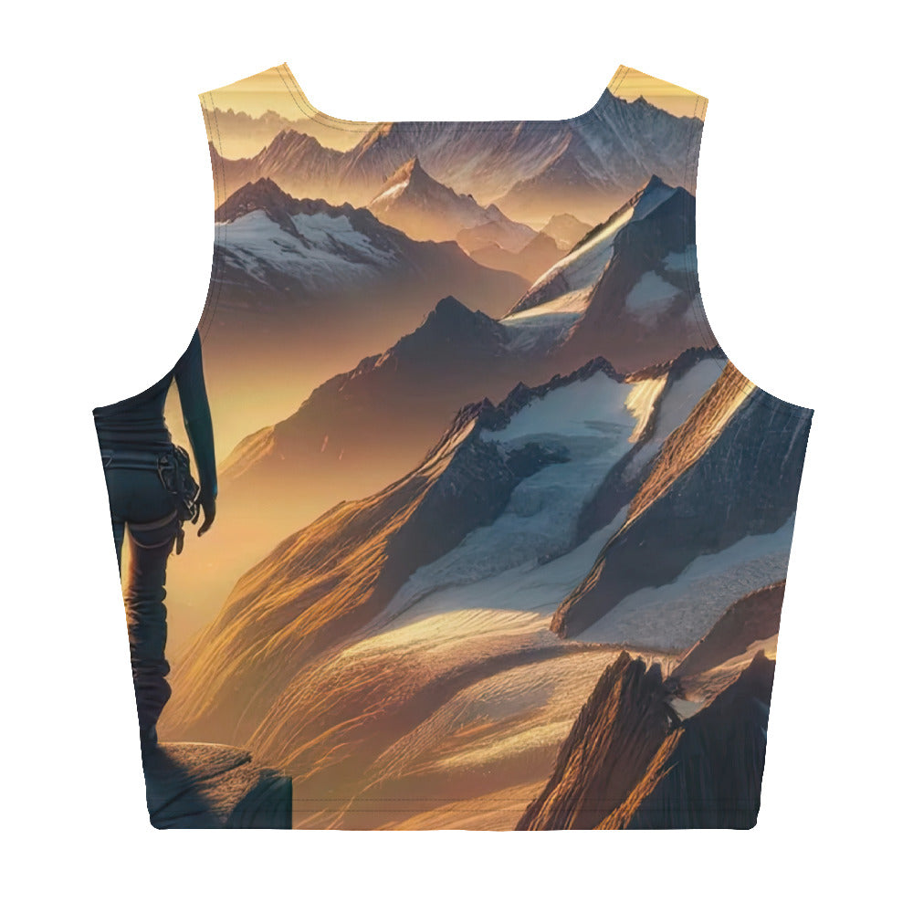 Fotorealistische Darstellung der Alpen bei Sonnenaufgang, Wanderin unter einem gold-purpurnen Himmel - Damen Crop Top (All-Over Print) wandern xxx yyy zzz XL