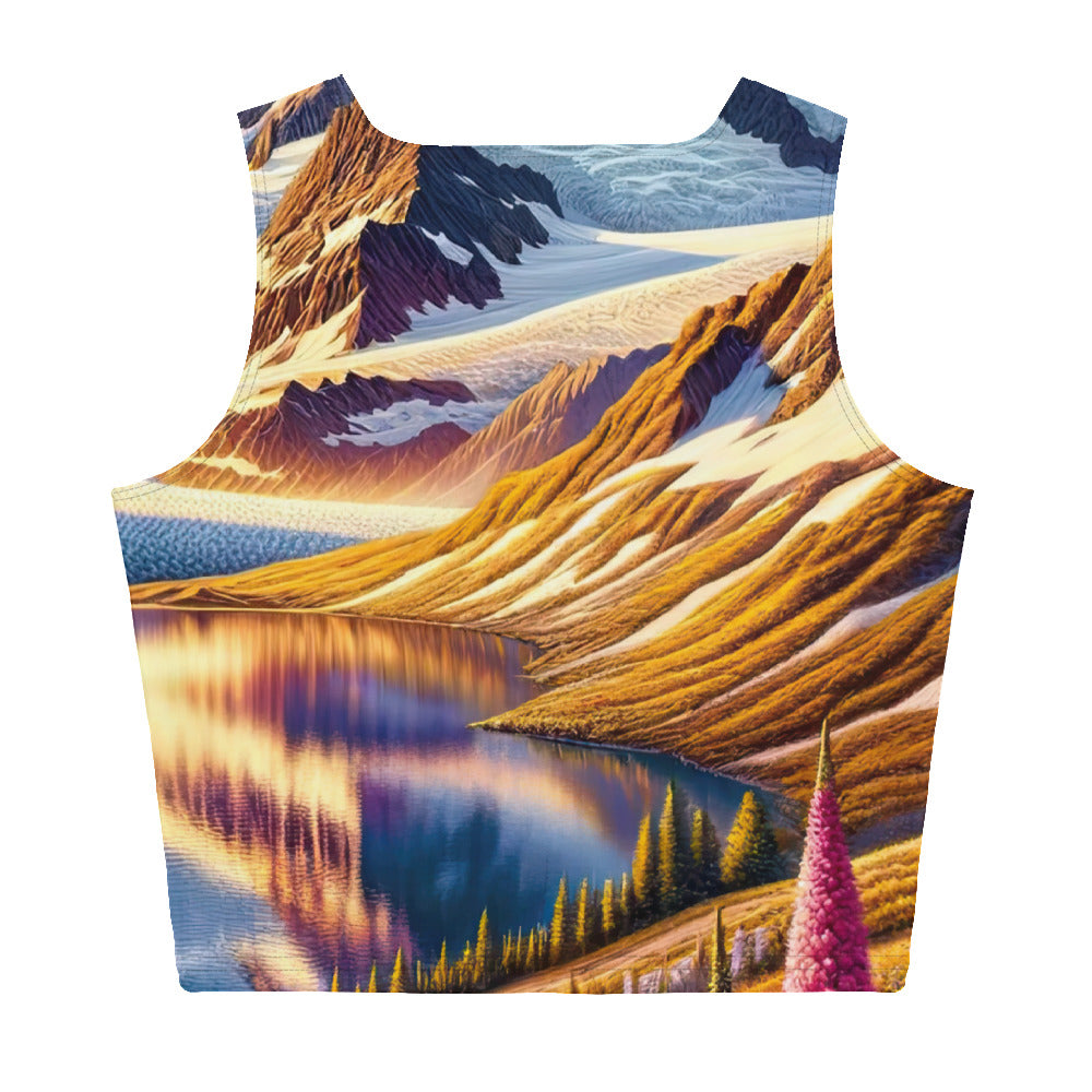 Quadratische Illustration der Alpen mit schneebedeckten Gipfeln und Wildblumen - Damen Crop Top (All-Over Print) berge xxx yyy zzz XL