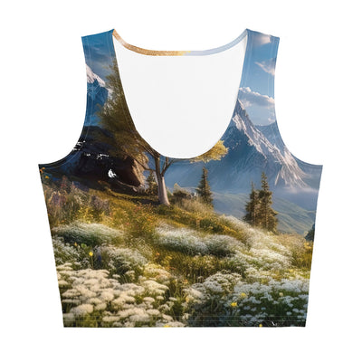 Berglandschaft mit Sonnenschein, Blumen und Bäumen - Malerei - Damen Crop Top (All-Over Print) berge xxx