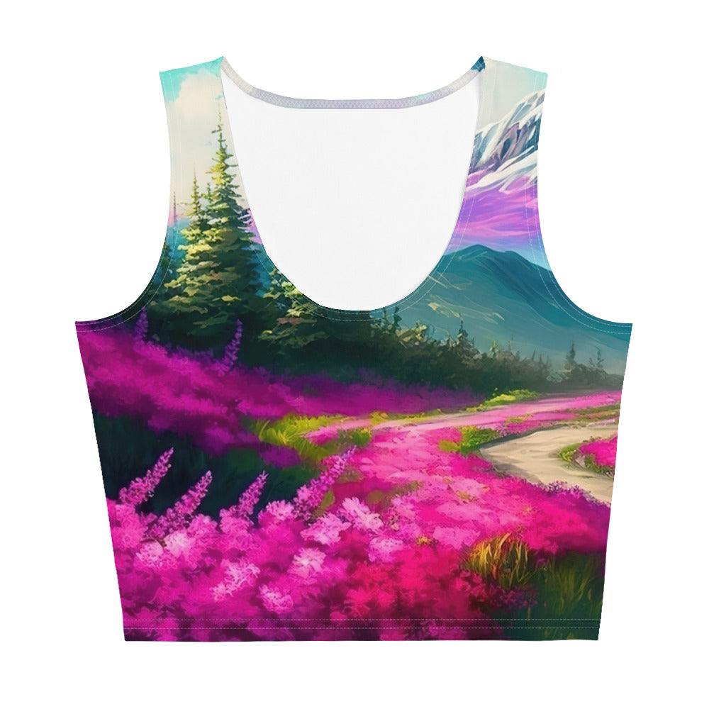 Berg, pinke Blumen und Wanderweg - Landschaftsmalerei - Damen Crop Top (All-Over Print) berge xxx