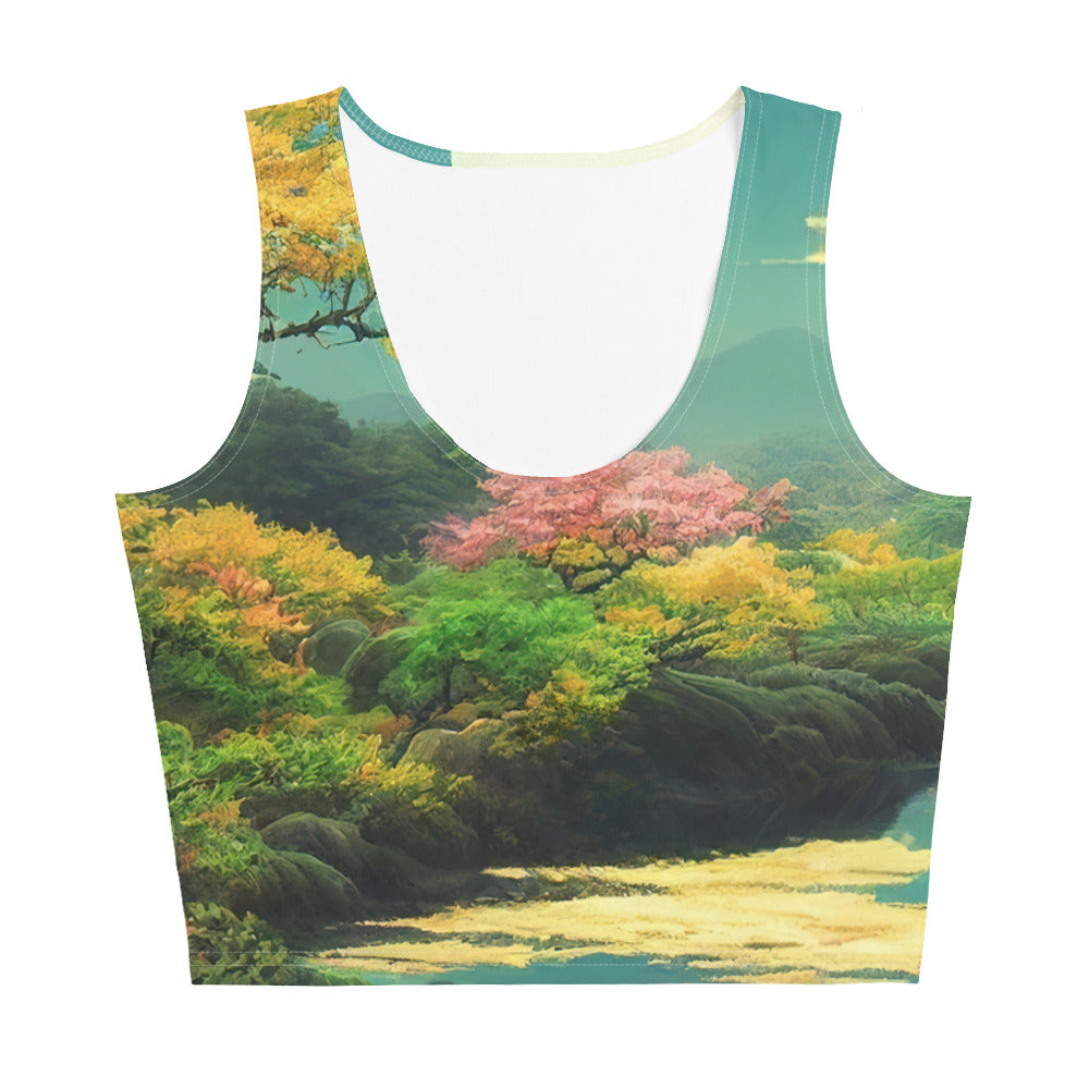 Berg, See und Wald mit pinken Bäumen - Landschaftsmalerei - Damen Crop Top (All-Over Print) berge xxx