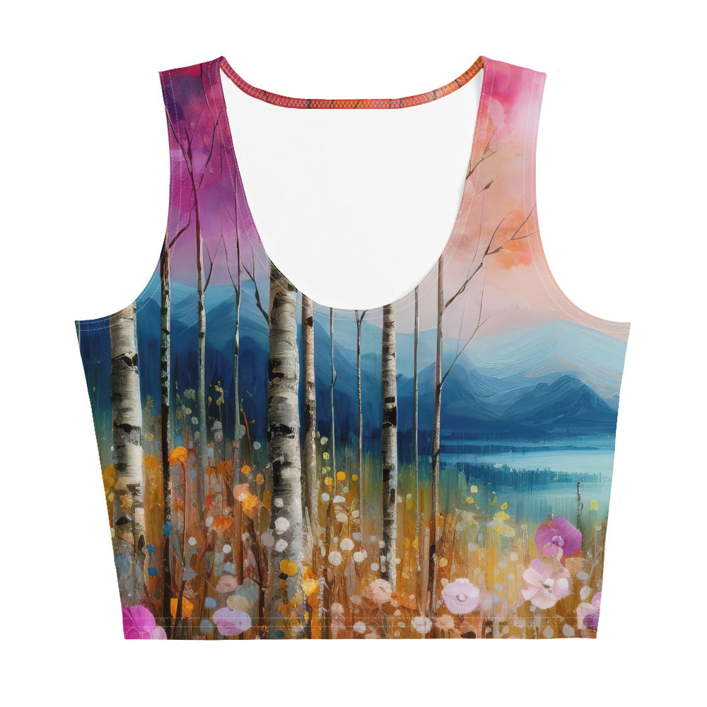 Berge, See, pinke Bäume und Blumen - Malerei - Damen Crop Top (All-Over Print) berge xxx