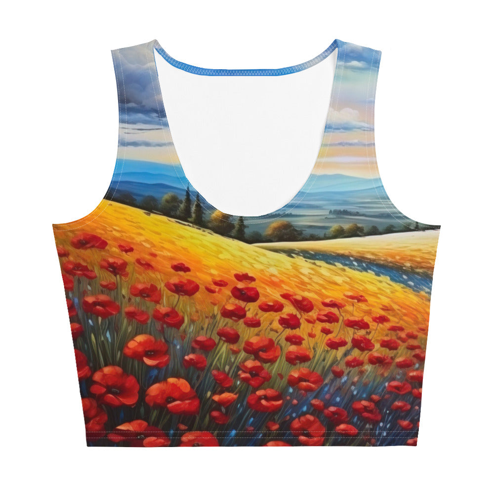 Feld mit roten Blumen und Berglandschaft - Landschaftsmalerei - Damen Crop Top (All-Over Print) berge xxx