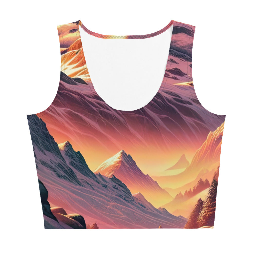 Berghütte im goldenen Sonnenuntergang: Digitale Alpenillustration - Damen Crop Top (All-Over Print) berge xxx yyy zzz