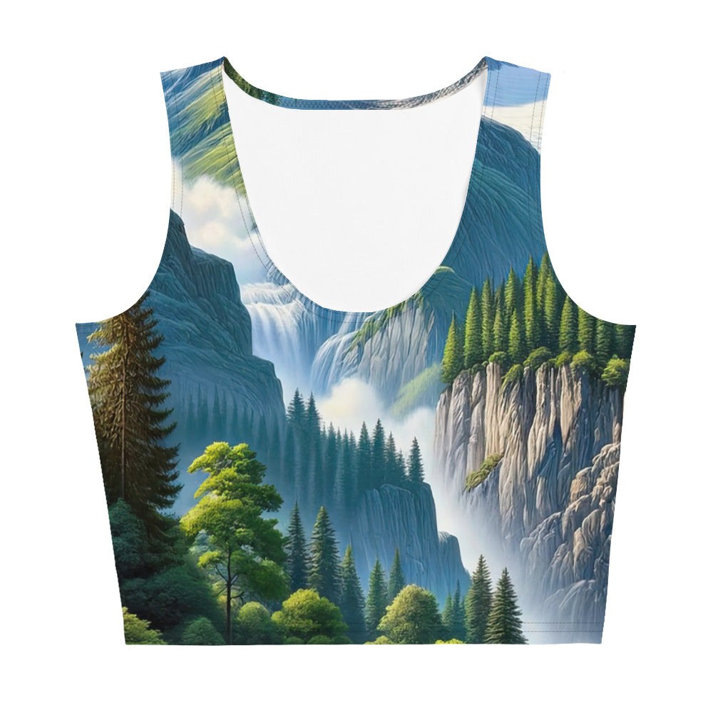 Illustration einer unberührten Alpenkulisse im Hochsommer. Wasserfall und See - Damen Crop Top (All-Over Print) berge xxx yyy zzz