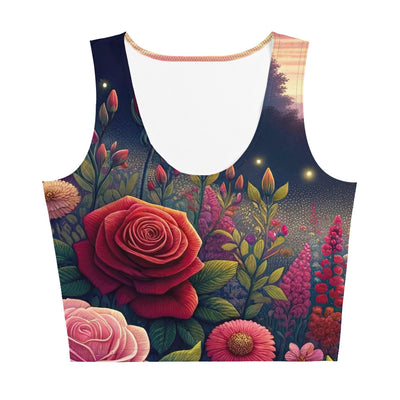 Skurriles Blumenfeld in Dämmerung, farbenfrohe Rosen, Lilien, Ringelblumen - Damen Crop Top (All-Over Print) camping xxx yyy zzz