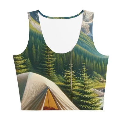 Ölgemälde der Alpensommerlandschaft mit Zelt, Gipfeln, Wäldern und Bächen - Damen Crop Top (All-Over Print) camping xxx yyy zzz