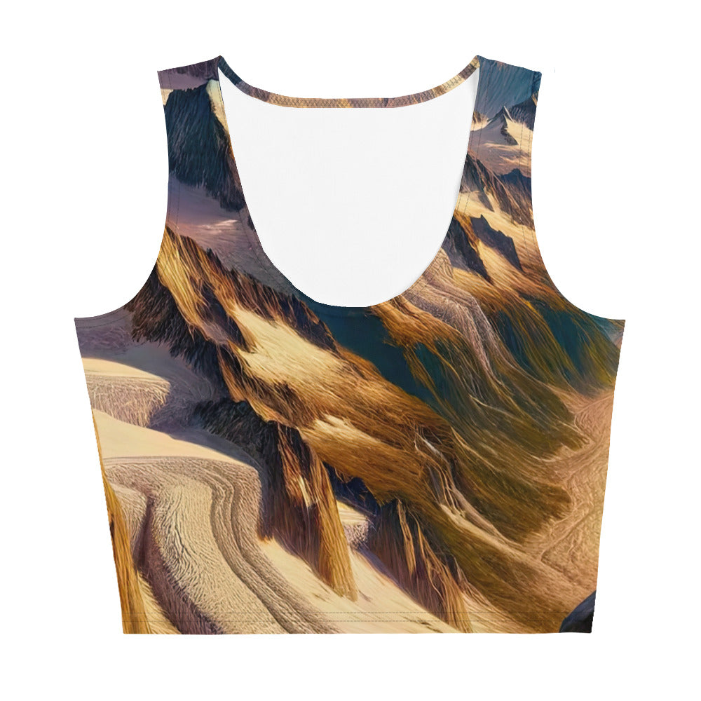 Ölgemälde eines Wanderers auf einem Hügel mit Panoramablick auf schneebedeckte Alpen und goldenen Himmel - Damen Crop Top (All-Over Print) wandern xxx yyy zzz