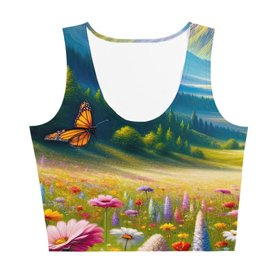 Ölgemälde einer ruhigen Almwiese, Oase mit bunter Wildblumenpracht - Damen Crop Top (All-Over Print) camping xxx yyy zzz