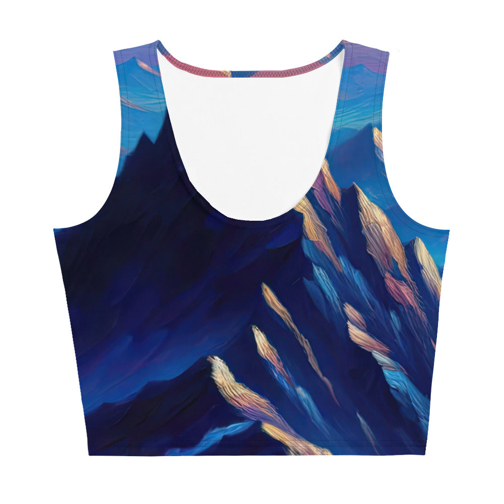 Ölgemälde eines ruhigen Alpenabends mit Bergsteigersilhouette auf dem Gipfel - Damen Crop Top (All-Over Print) wandern xxx yyy zzz