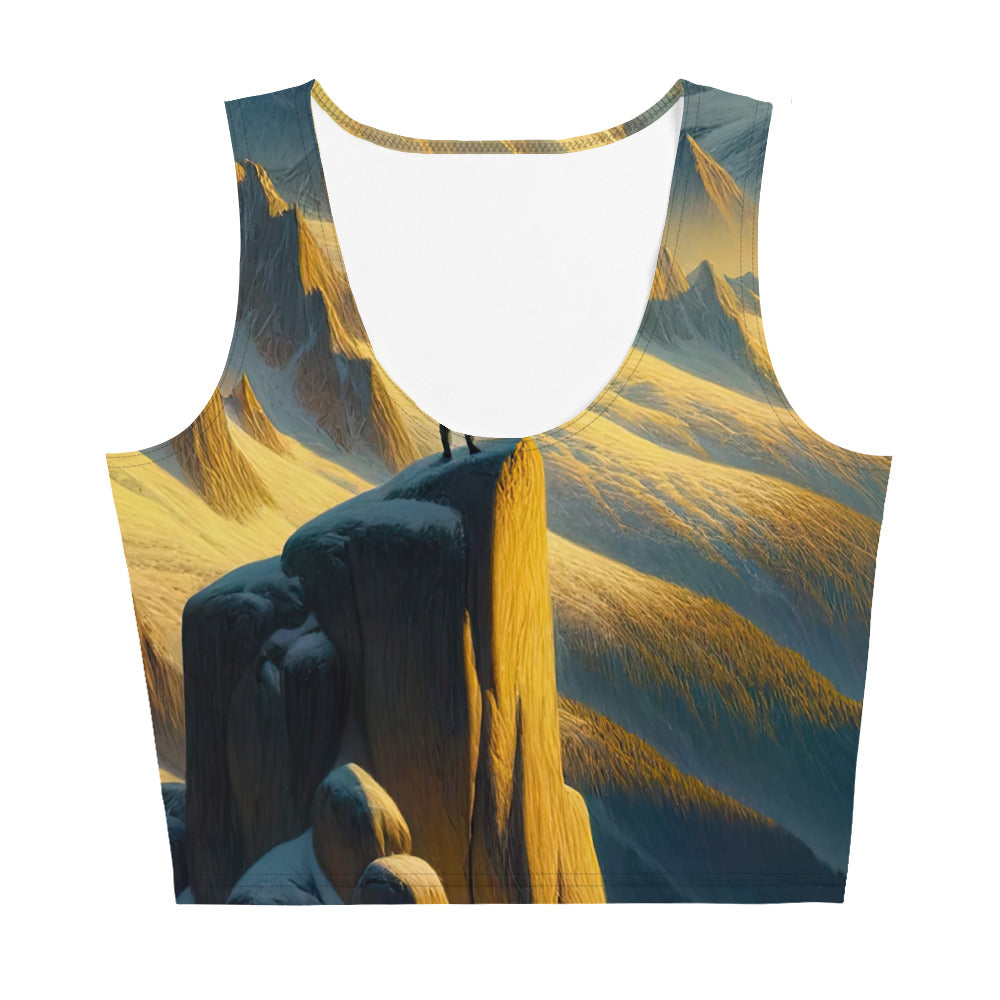 Ölgemälde eines Wanderers bei Morgendämmerung auf Alpengipfeln mit goldenem Sonnenlicht - Damen Crop Top (All-Over Print) wandern xxx yyy zzz