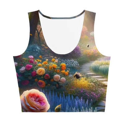 Foto einer Gartenszene im Frühling mit Weg durch blühende Rosen und Veilchen - Damen Crop Top (All-Over Print) camping xxx yyy zzz