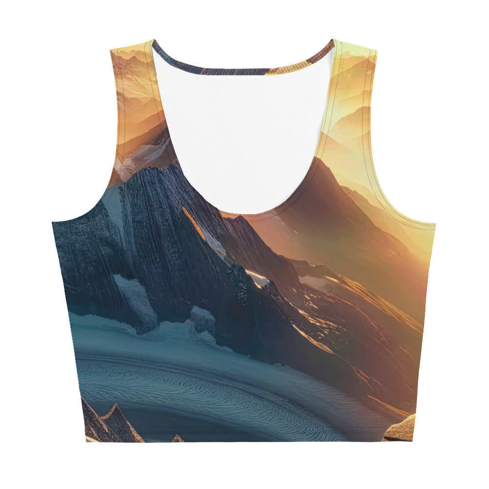 Fotorealistische Darstellung der Alpen bei Sonnenaufgang, Wanderin unter einem gold-purpurnen Himmel - Damen Crop Top (All-Over Print) wandern xxx yyy zzz