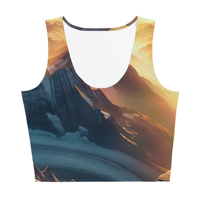 Fotorealistische Darstellung der Alpen bei Sonnenaufgang, Wanderin unter einem gold-purpurnen Himmel - Damen Crop Top (All-Over Print) wandern xxx yyy zzz