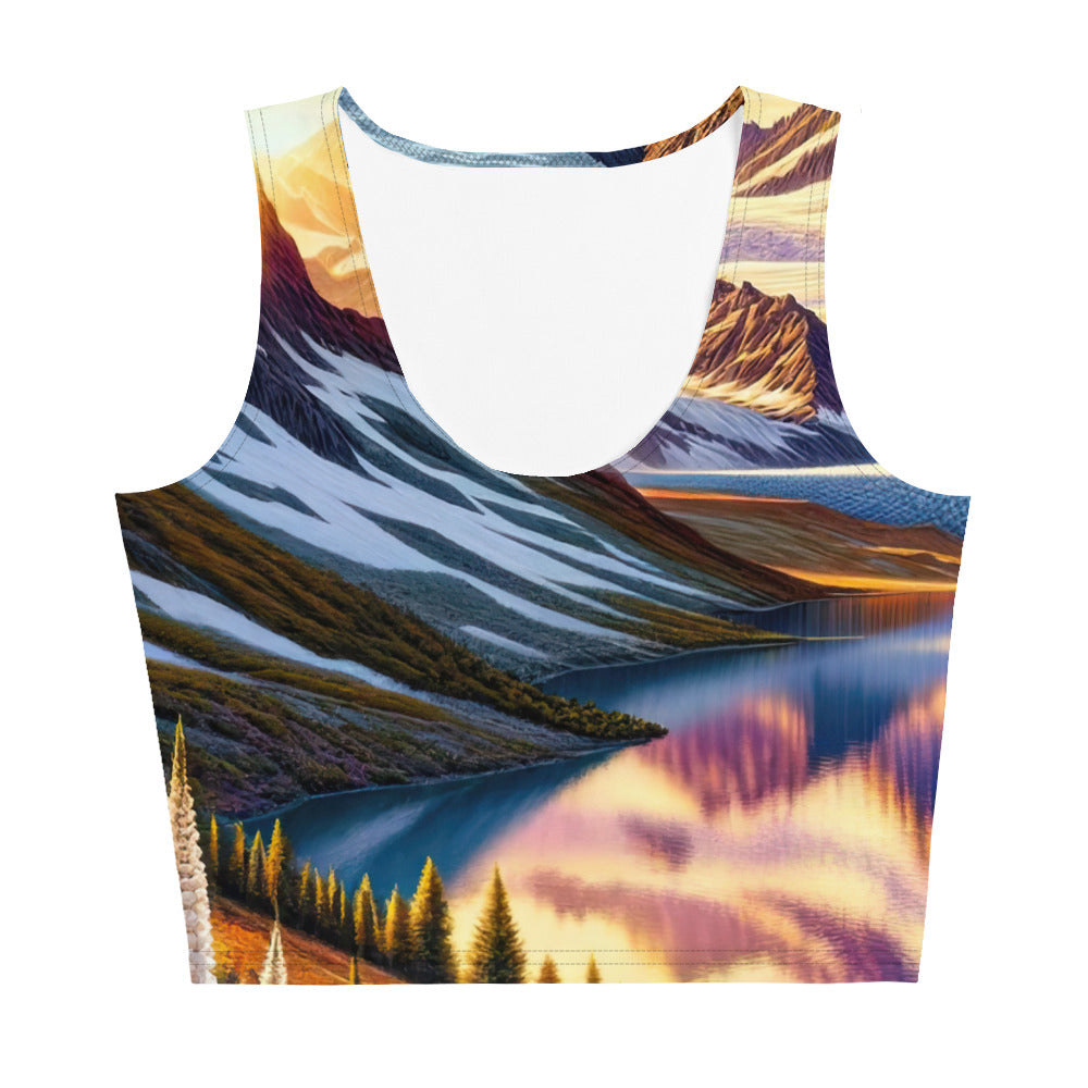 Quadratische Illustration der Alpen mit schneebedeckten Gipfeln und Wildblumen - Damen Crop Top (All-Over Print) berge xxx yyy zzz