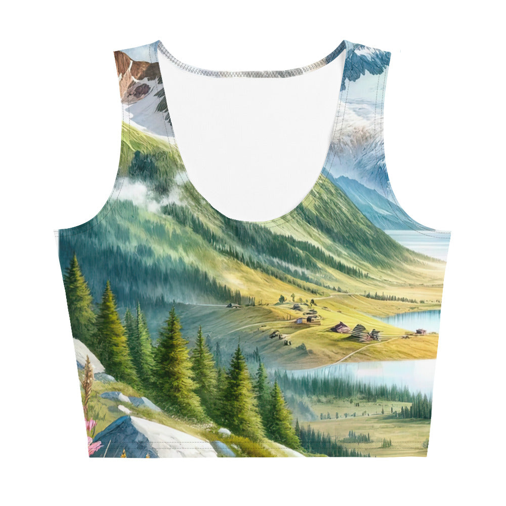 Quadratisches Aquarell der Alpen, Berge mit schneebedeckten Spitzen - Damen Crop Top (All-Over Print) berge xxx yyy zzz