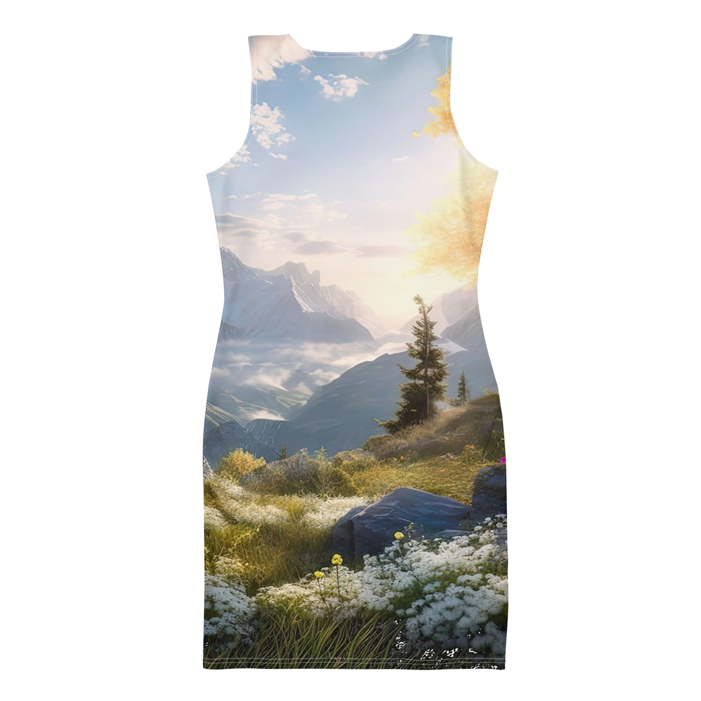 Berglandschaft mit Sonnenschein, Blumen und Bäumen - Malerei - Langes Damen Kleid (All-Over Print) berge xxx