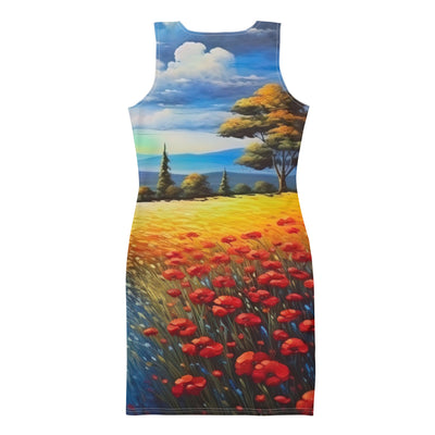 Feld mit roten Blumen und Berglandschaft - Landschaftsmalerei - Langes Damen Kleid (All-Over Print) berge xxx