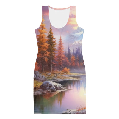 Landschaftsmalerei - Berge, Bäume, Bergsee und Herbstfarben - Langes Damen Kleid (All-Over Print) berge xxx XL