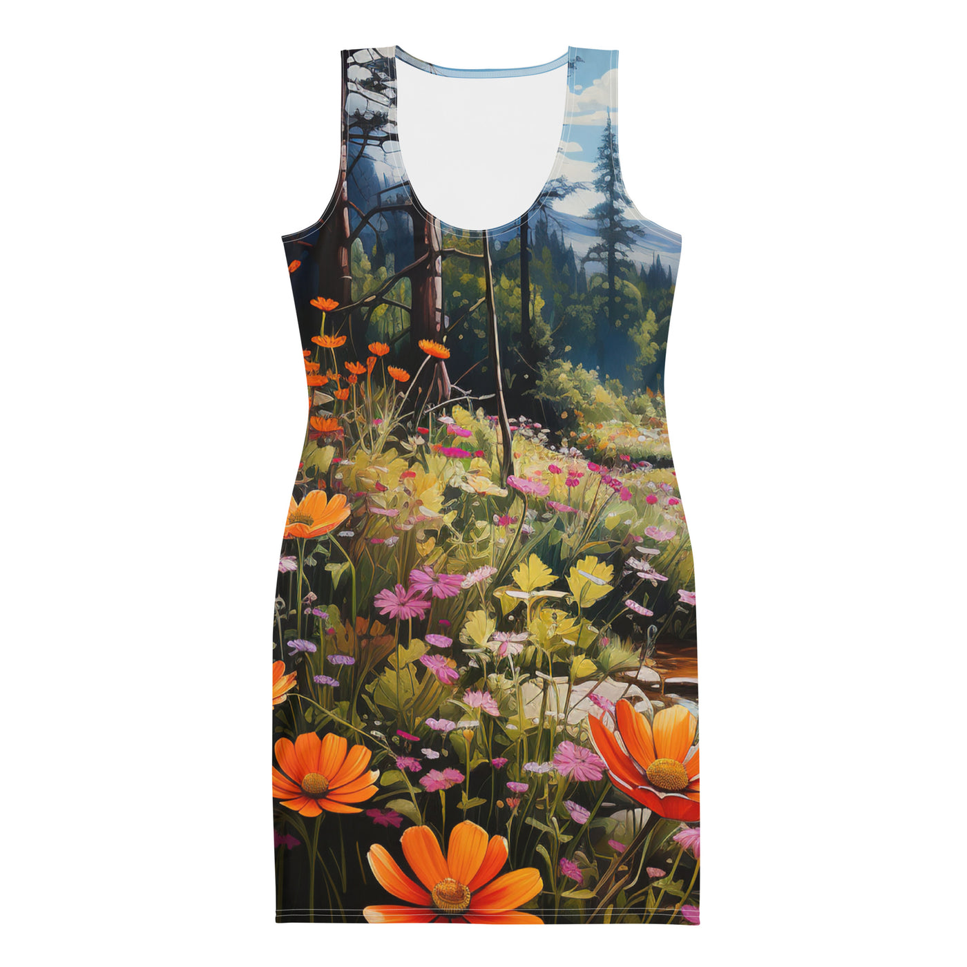 Berge, schöne Blumen und Bach im Wald - Langes Damen Kleid (All-Over Print) berge xxx XL