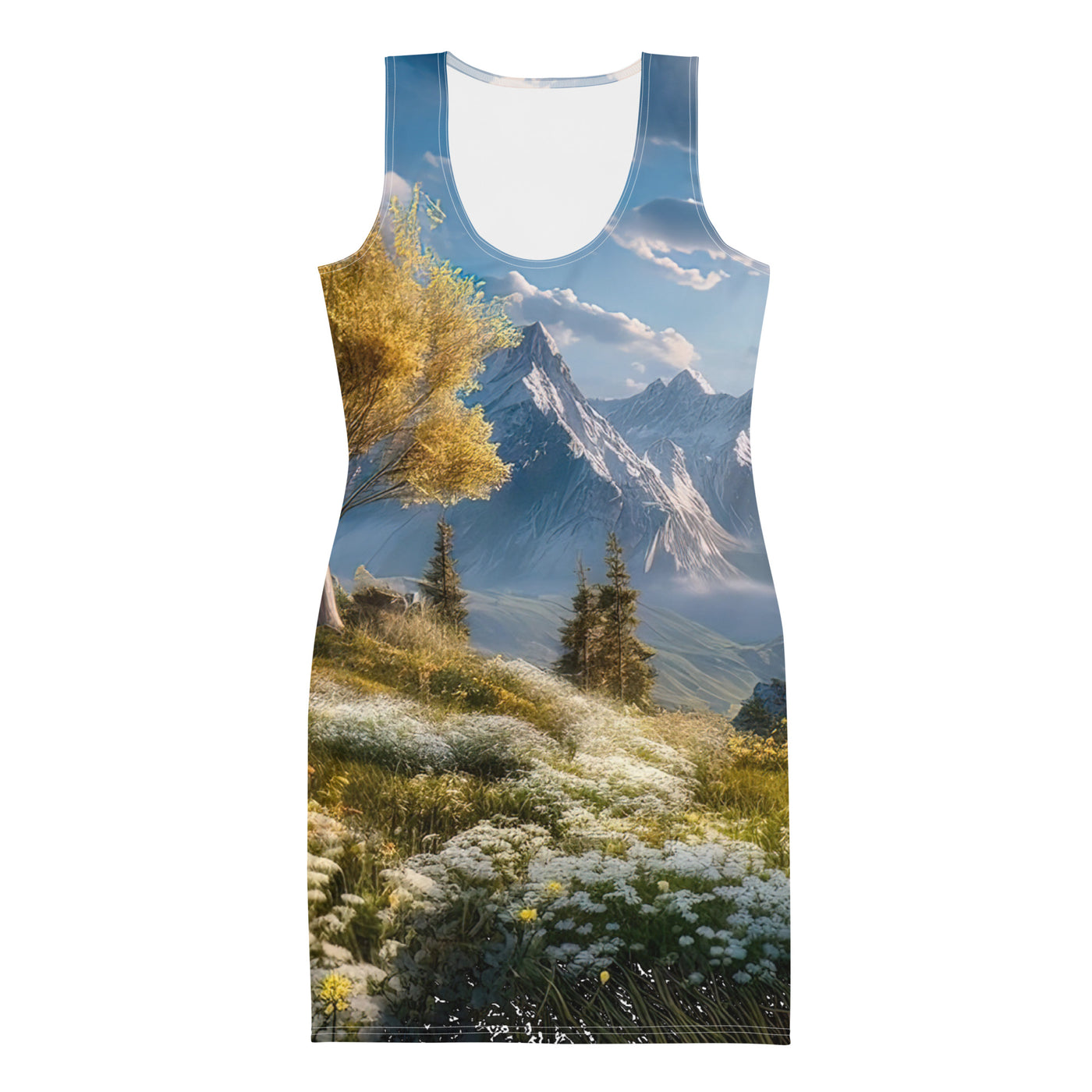 Berglandschaft mit Sonnenschein, Blumen und Bäumen - Malerei - Langes Damen Kleid (All-Over Print) berge xxx XL