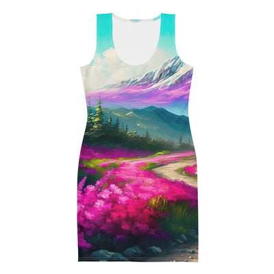 Berg, pinke Blumen und Wanderweg - Landschaftsmalerei - Langes Damen Kleid (All-Over Print) berge xxx XL