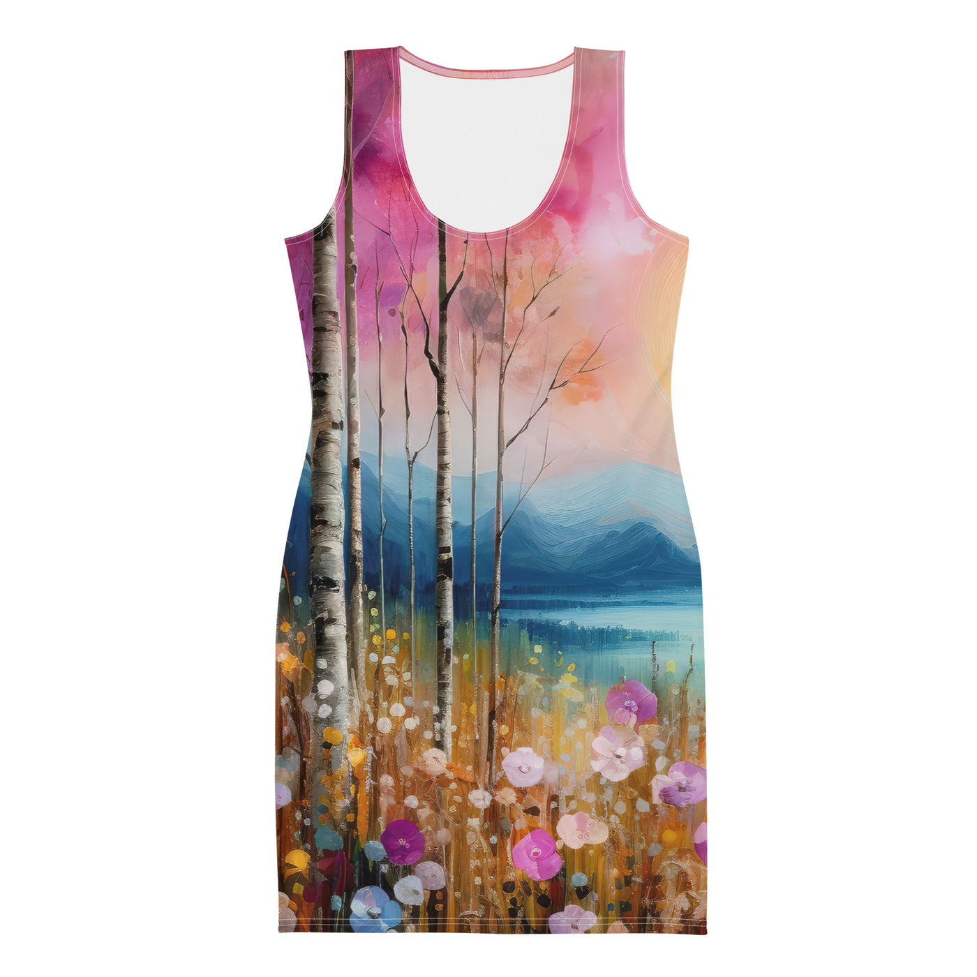 Berge, See, pinke Bäume und Blumen - Malerei - Langes Damen Kleid (All-Over Print) berge xxx XL