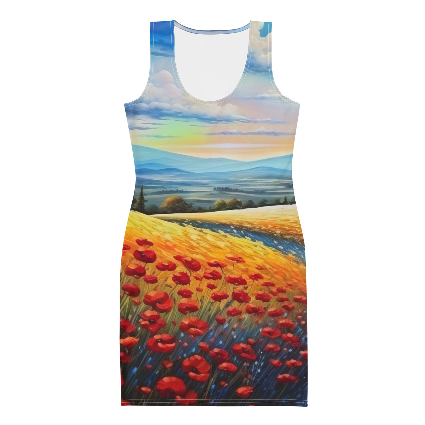 Feld mit roten Blumen und Berglandschaft - Landschaftsmalerei - Langes Damen Kleid (All-Over Print) berge xxx XL