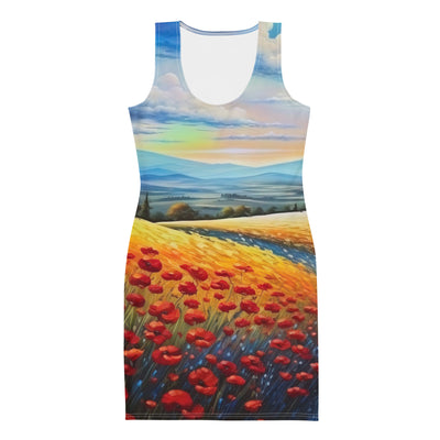 Feld mit roten Blumen und Berglandschaft - Landschaftsmalerei - Langes Damen Kleid (All-Over Print) berge xxx XL