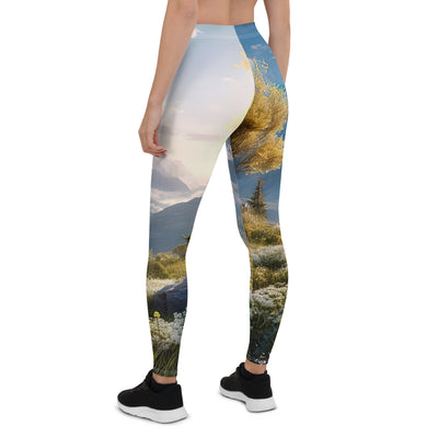 Berglandschaft mit Sonnenschein, Blumen und Bäumen - Malerei - Leggings (All-Over Print) berge xxx