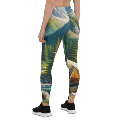 Ölgemälde der Alpensommerlandschaft mit Zelt, Gipfeln, Wäldern und Bächen - Leggings (All-Over Print) camping xxx yyy zzz