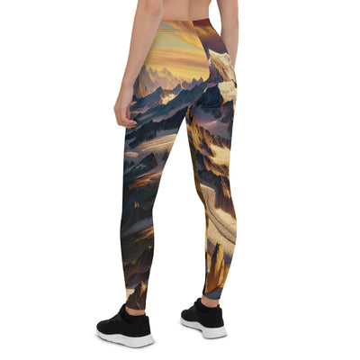 Ölgemälde eines Wanderers auf einem Hügel mit Panoramablick auf schneebedeckte Alpen und goldenen Himmel - Leggings (All-Over Print) wandern xxx yyy zzz