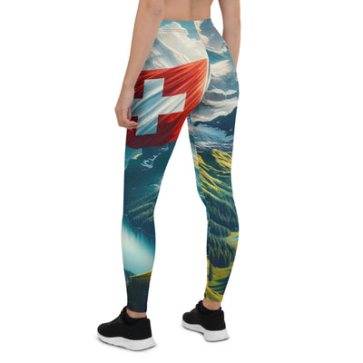 Ultraepische, fotorealistische Darstellung der Schweizer Alpenlandschaft mit Schweizer Flagge - Leggings (All-Over Print) berge xxx yyy zzz