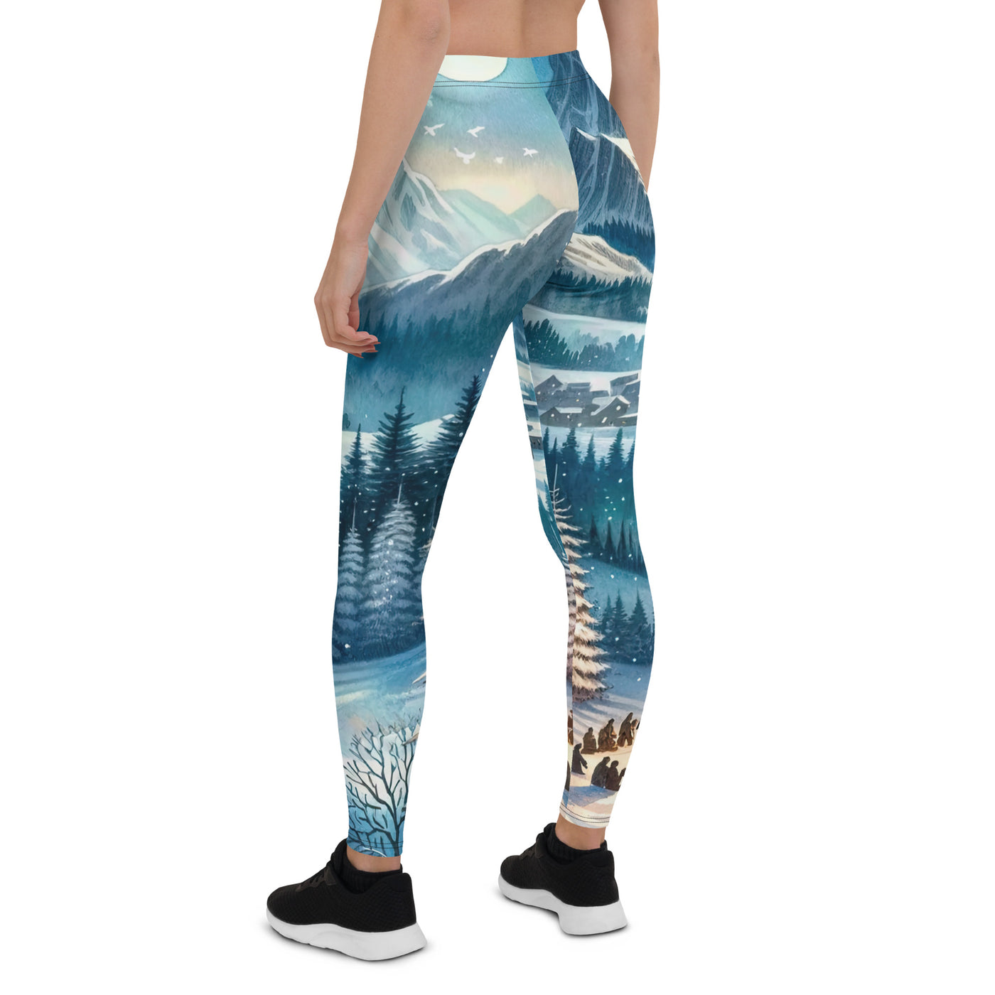 Aquarell eines Winterabends in den Alpen mit Lagerfeuer und Wanderern, glitzernder Neuschnee - Leggings (All-Over Print) camping xxx yyy zzz