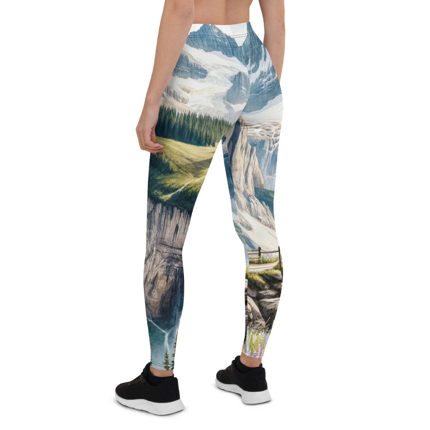 Aquarell-Panoramablick der Alpen mit schneebedeckten Gipfeln, Wasserfällen und Wanderern - Leggings (All-Over Print) wandern xxx yyy zzz