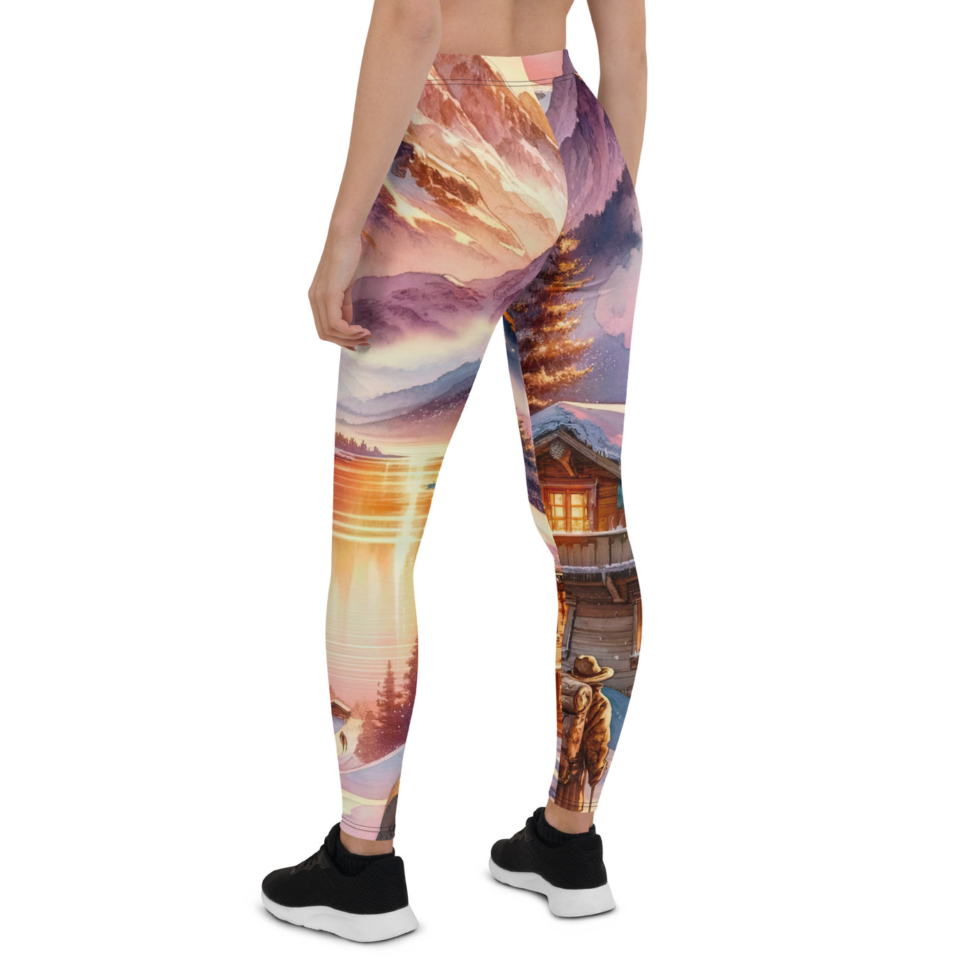 Aquarell eines Alpenpanoramas mit Wanderern bei Sonnenuntergang in Rosa und Gold - Leggings (All-Over Print) wandern xxx yyy zzz