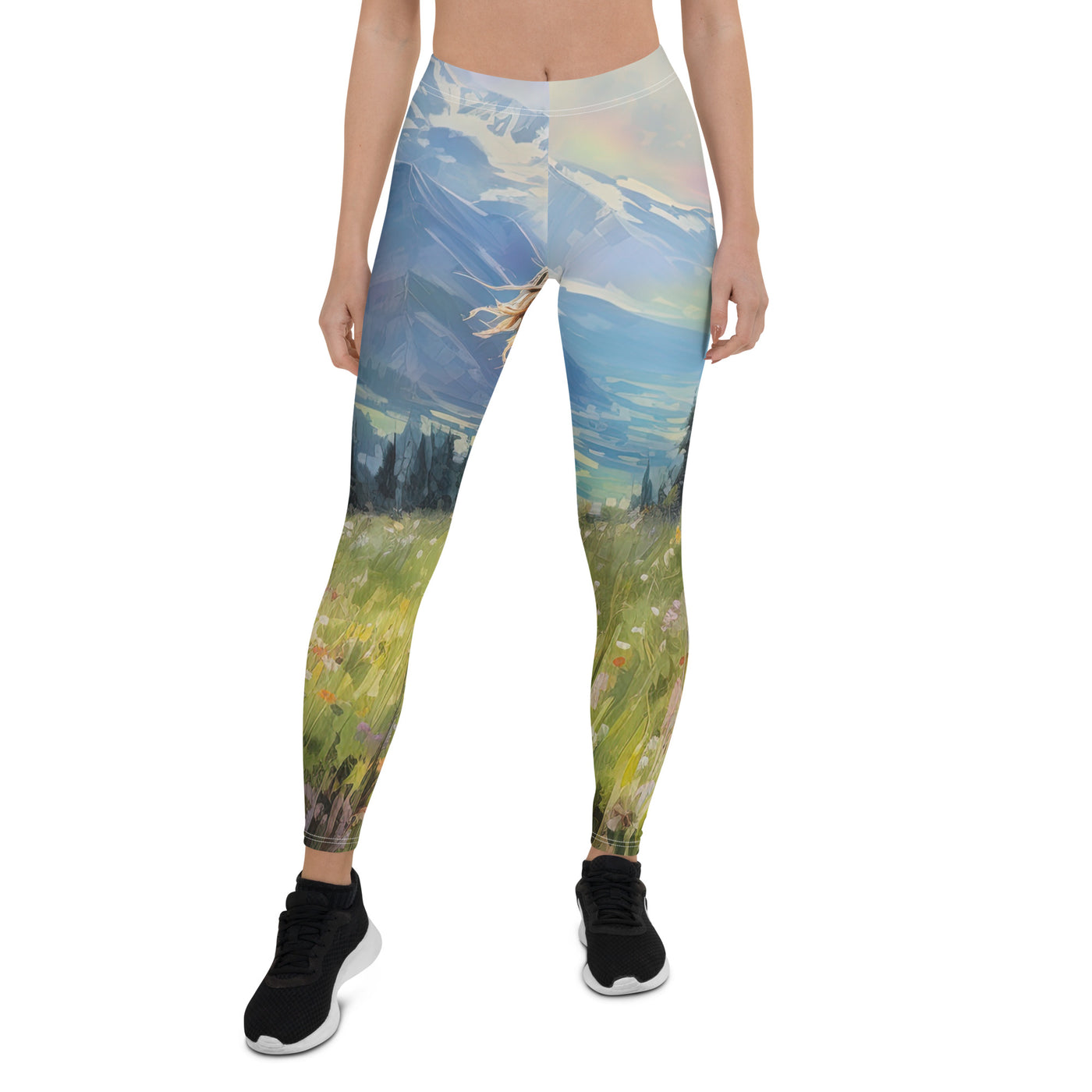 Frau mit langen Kleid im Feld mit Blumen - Berge im Hintergrund - Malerei - Leggings (All-Over Print) berge xxx XL