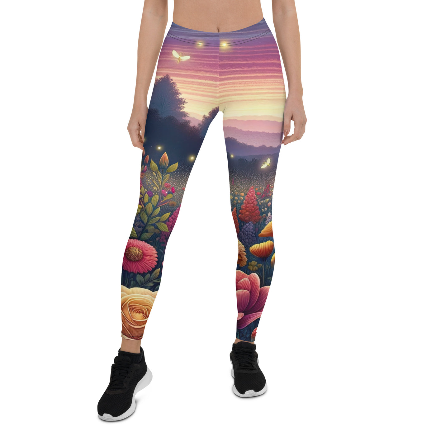 Skurriles Blumenfeld in Dämmerung, farbenfrohe Rosen, Lilien, Ringelblumen - Leggings (All-Over Print) camping xxx yyy zzz XL